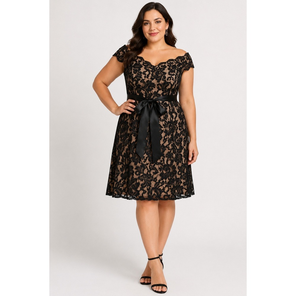 Betsy & Adam Black Lace Off Shoulder Cocktail Dress NEW Size 14 Made in USA NWT